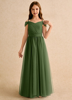 Azazie Yuna Girls Formal Abiti da Ragazza di Fiori Abito A-Line in Tulle a Spalla Scoperta Oliva image6