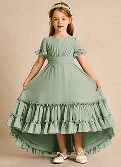 Azazie Kass Flower Girl Dresses Dusty Sage A-Line Pleated Chiffon Dress image2