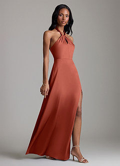 Azazie Tracie Bridesmaid Dresses Terracotta A-Line Side Slit Stretch Satin Dress image3