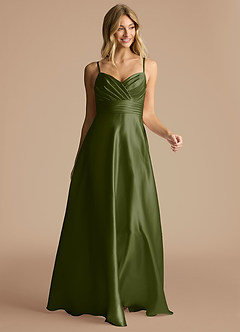Azazie Oliana Bridesmaid Dresses Olive A-Line Pleated Metallic Satin Dress image5