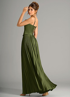 Azazie Saedra Bridesmaid Dresses Olive A-Line Corset Stretch Satin Dress image8