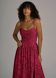 Azazie Lettie Bridesmaid Dresses Burgundy A-Line Corset Floral Burnout Dress image2