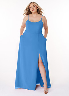 Azazie Moira Robes de demoiselle d'honneur Robe Trapèze en Mousseline de soie Décolleté Geai Bleu image8
