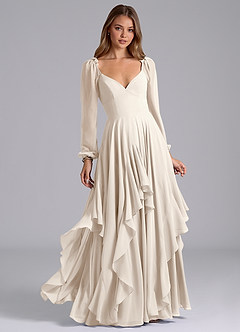 Azazie Karan Bridesmaid Dresses White Alabaster A-Line Long Sleeve Chiffon Dress image1