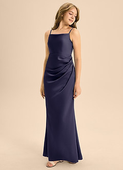 Azazie Renna Junior Robe Trapèze en Satin extensible Plissée Bleu Orageux image1