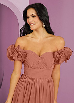 Barbie ♥ Azazie Suknie dla druhen Rozkloszowana sukienka z odkrytymi ramionami, falbaną i rozetkami image9