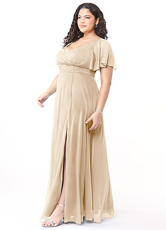 Azazie Induh Bridesmaid Dresses Champagne A-Line Flutter V-neck Mesh Dress image9