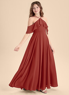 Azazie Tessabelle Junior Terracotta A-Line Off the Shoulder Chiffon Dress image3