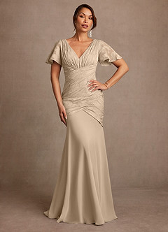 Azazie Jolene Mother of the Bride Dresses Champagne Mermaid Pleated Floral Burnout Dress image1