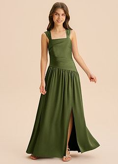 Azazie Dotty Junior A-Linie Plissee Stretch-Satin Kleid Olivgrün image6