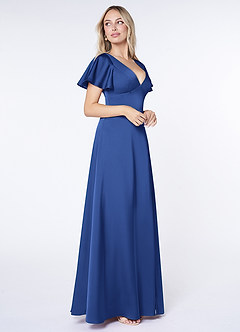 Azazie Lani Vestidos de damas de honor Vestido de Azul Real de Satén Elástico de Corte en A con Manga volante image4