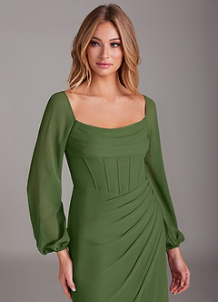 Azazie Charissa Bridesmaid Dresses Olive Sheath Long Sleeve Chiffon Dress image7
