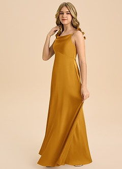 Azazie Gumdrop Junior Butterscotch Empire Pleated Stretch Satin Dress image5