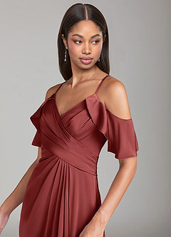 Azazie Dakota Bridesmaid Dresses Terracotta A-Line Off the Shoulder Stretch Satin Dress image5
