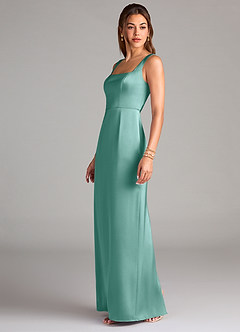 Azazie Flori Bridesmaid Dresses Aqua Sheath Side Slit Stretch Satin Dress image4