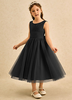 Azazie Macaron Jurken voor bloemenmeisjes A-Lijn Jurk van Tule Geplooid Zwart image4