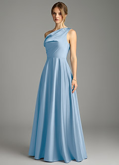 Azazie Xanthe Bridesmaid Dresses Powder Blue A-Line Off the Shoulder Stretch Satin Dress image4