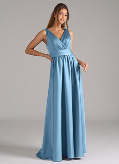 Azazie Kora Final Sale Steel Blue A-Line Pleated Stretch Satin Dress image3