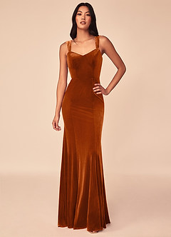 Azazie Lanessa Bridesmaid Dresses Burnt Orange Mermaid V-Neck Keyhole Back Velvet Dress image1