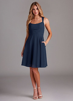 Azazie Vina Bridesmaid Dresses Dark Navy A-Line Lace Chiffon Dress image1