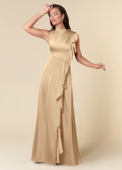 Azazie Narine Mother of the Bride Dresses Champagne A-Line High Neckline Pleated Stretch Satin Dress image1
