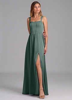 Azazie Rosaline Robes de demoiselle d'honneur Robe Trapèze en Satin extensible Fente Latérale Mousse De Mer image4