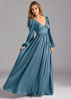 Azazie Norah Brautjungfernkleider A-Linie Stretch-Satin Kleid Bermudablau image3