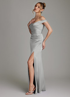Azazie Teyana Bridesmaid Dresses Silver Sheath Off the Shoulder Stretch Satin Dress image6