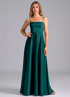 Azazie Elita 신부 들러리 드레스 A라인 주름진 스트레치 새틴 바닥 길이 드레스 image1