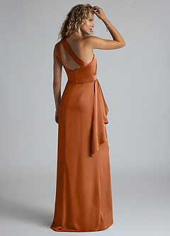 Azazie Maive Bridesmaid Dresses Copper Sheath Ruched Stretch Satin Dress image3
