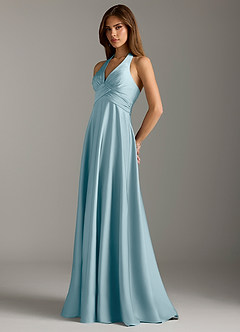 Azazie Tessie Robes de demoiselle d'honneur Robe Trapèze en Satin extensible Plissée Bleu Maussade image5