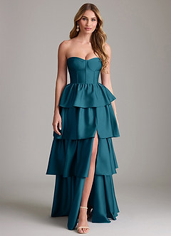 Azazie Faye Bridesmaid Dresses Ink Blue A-Line Ruched Stretch Satin Dress image1