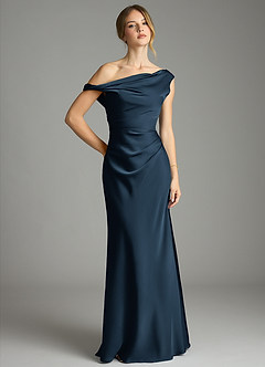 Azazie Emerson Bridesmaid Dresses Dark Navy Mermaid Off the Shoulder Stretch Satin Dress image1