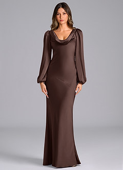 Azazie Melani At-home Try On Dresses Eucalyptus Mermaid Long Sleeve Stretch Satin Dress image1