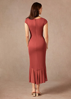 Azazie Renetta Mother of the Bride Dresses Terracotta Sheath V-Neck Pleated Mesh Dress image3