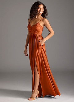 Azazie Alia Vestidos de damas de honor Vestido de Naranja Quemada de Satén Elástico de Corte en A con Plisado image6