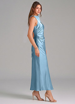 Azazie Evadne Vestidos de damas de honor Vestido de Azul Acero de Satén Elástico de Corte Recto con Plisado image4