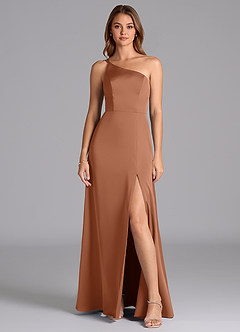 Azazie Trina Abiti da Damigella Abito A-Line in Raso Elasticizzato Monospalla Bronzo image3