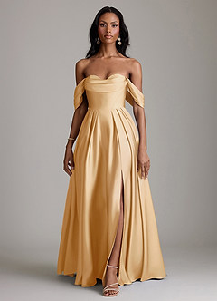 Azazie Loisa Abiti da Damigella Abito A-Line in Raso Elasticizzato a Spalla Scoperta Oro image7