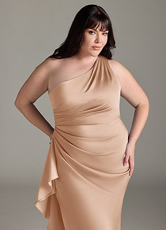 Azazie Latrice Brautjungfernkleider Etui Kaskadierende Rüschen an einer Schulter Stretch-Satin Kleid Englisches Rosa image10