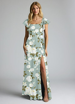 Azazie Bondi Bridesmaid Dresses Misty Floral Garden A-Line Bow Stretch Satin Dress image5