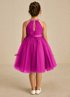 Azazie Honey Flower Girl Dresses Fuchsia A-Line Beaded Matte Satin Dress image2