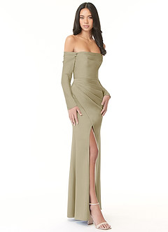 Azazie Hallie Vestidos de damas de honor Vestido de Musgo Verde de Satén Elástico de Corte Recto Convertible con Manga larga con hombros descubiertos image4