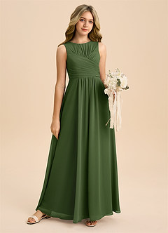 Azazie Skyla Junior Robe Trapèze en Mousseline de soie Plissée Olive image6