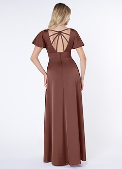 Azazie Lani Bridesmaid Dresses Espresso A-Line Flounce Sleeve Stretch Satin Dress image3