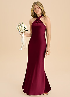 Azazie Chickie Junior Vestido de Borgoña de Satén Elástico de Corte Recto con Plisado image4