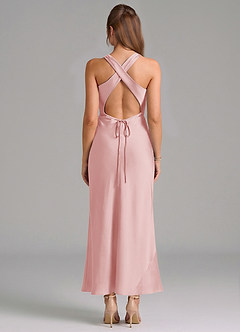 Azazie Evadne Vestidos de damas de honor Vestido de Rosa Empolvado de Satén Elástico de Corte Recto con Plisado image5