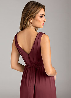 Azazie Tanicia Bridesmaid Dresses Merlot A-Line Pleated Stretch Satin Dress image7