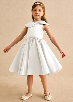 Azazie Acorn Flower Girl Dresses Ivory A-Line Pleated Matte Satin Dress image6