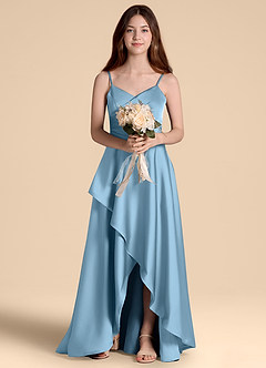 Azazie Prisha Junior Abito A-Line in Raso Elasticizzato Plissettato Blu Acciaio image6